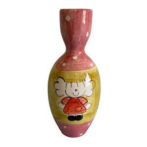 Ceramic Vase Hand Painted Whimsical Naive Cartoon Design Signed
